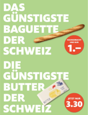 Schweizweit am günstigsten bei Manor: hausgemachtes Bio Baguette und Schweizer Butter