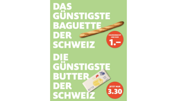 Schweizweit am günstigsten bei Manor: hausgemachtes Bio Baguette und Schweizer Butter